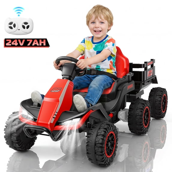 Farmdex 24 Volt Ride on Cars with Detachable Trailer, Battery Powered Ride on Toys with Remote Control, Ride on ATV Quad w/ BLuetooth, Music, Battery Display, Light Control, 5 MPH, Red