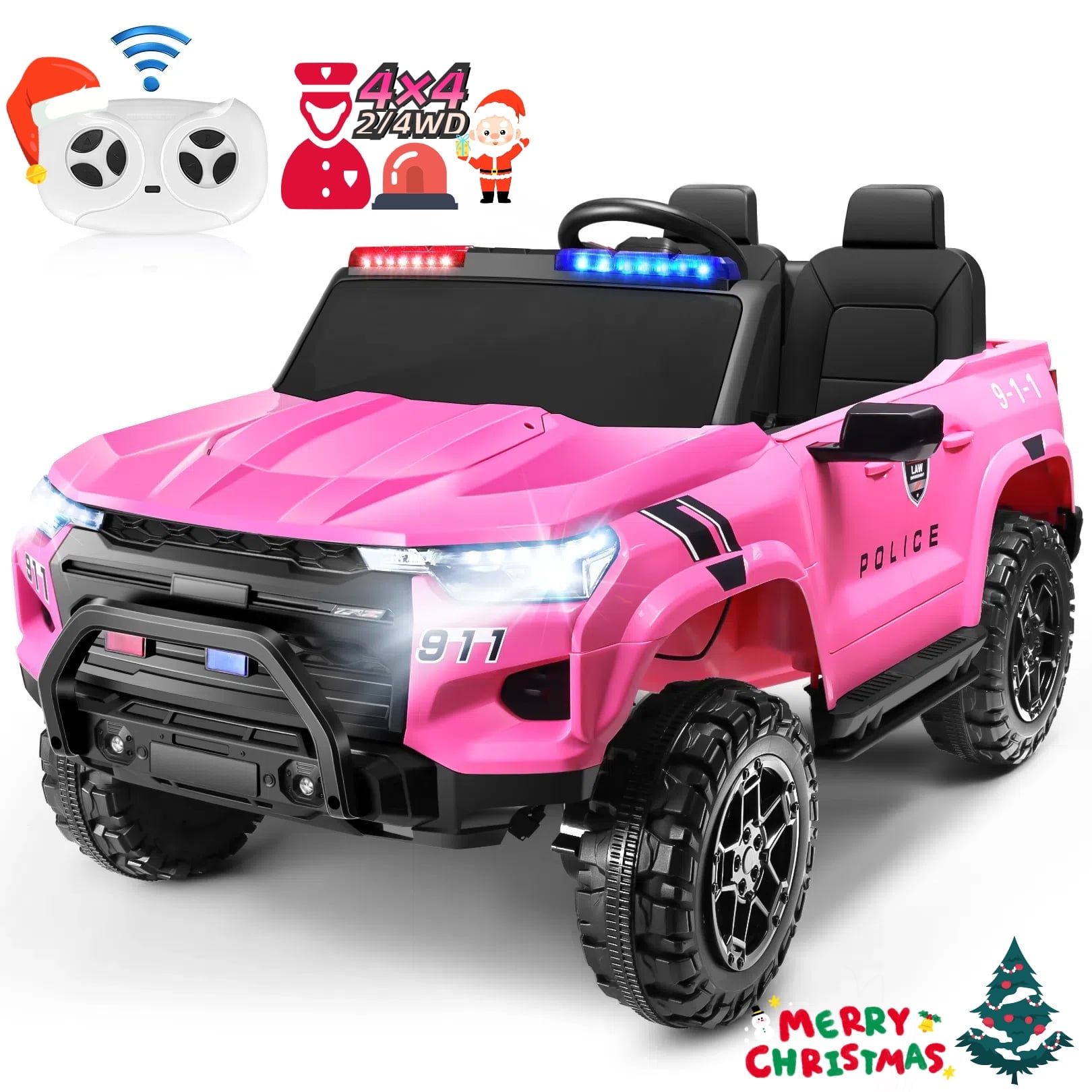 24V Pink 2-Seater Ride-On Police Truck with Remote Control