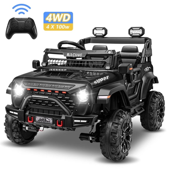 Farmdex 4WD 24V Ride on Cars with Remote Control, 2 XL Seaters, 9AH Electric Battery Powered Toys Car w/ 4 Wheels Spring Suspension, Bluetooth Music, LED Lights, 3 Speeds, Black