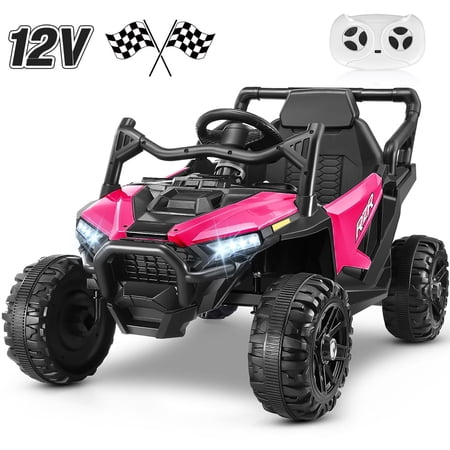 Funcid 12V Ride on Toys with Remote Control, Single Seater Ride on Cars, 200W Electric Car for Kids w/ Bluetooth, Knob Volume Control, Battery Indicator, MP3, Spring Suspension, Rose Red