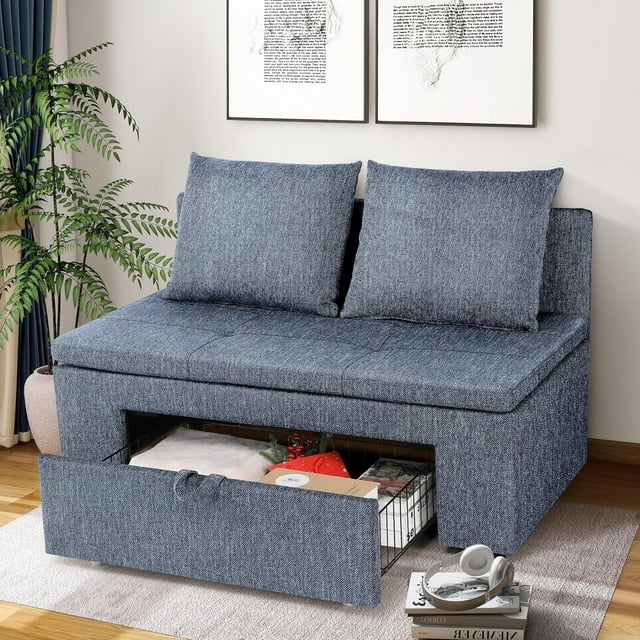 Farmdex Small Loveseat Sofa with Drawer Storage, Linen Fabric 2-Seater
