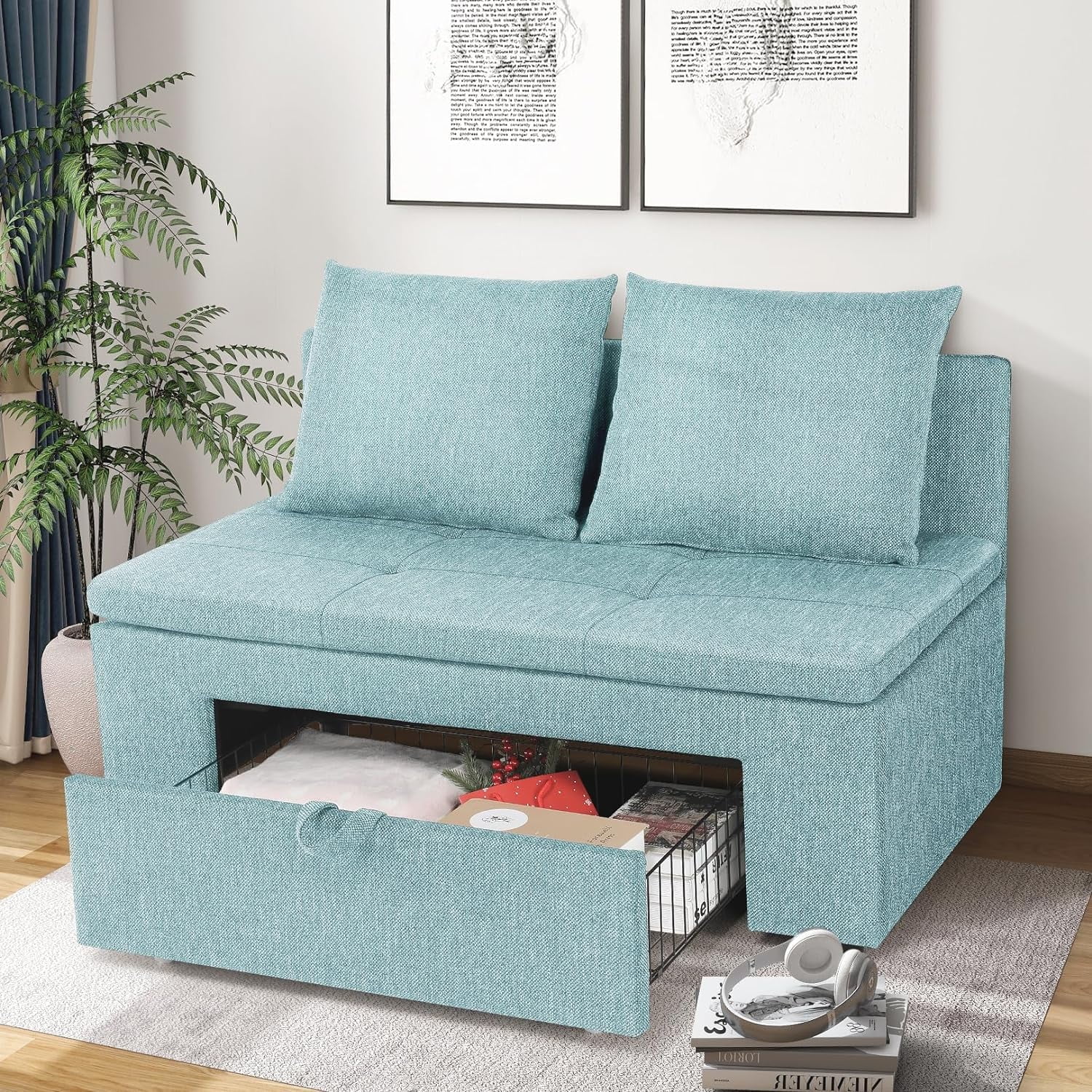 Farmdex Small Loveseat Sofa with Drawer Storage, Linen Fabric 2-Seater