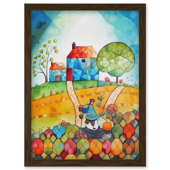 Farmer Heading Home Folk Art Watercolour Painting Artwork Framed Wall Art Print A4