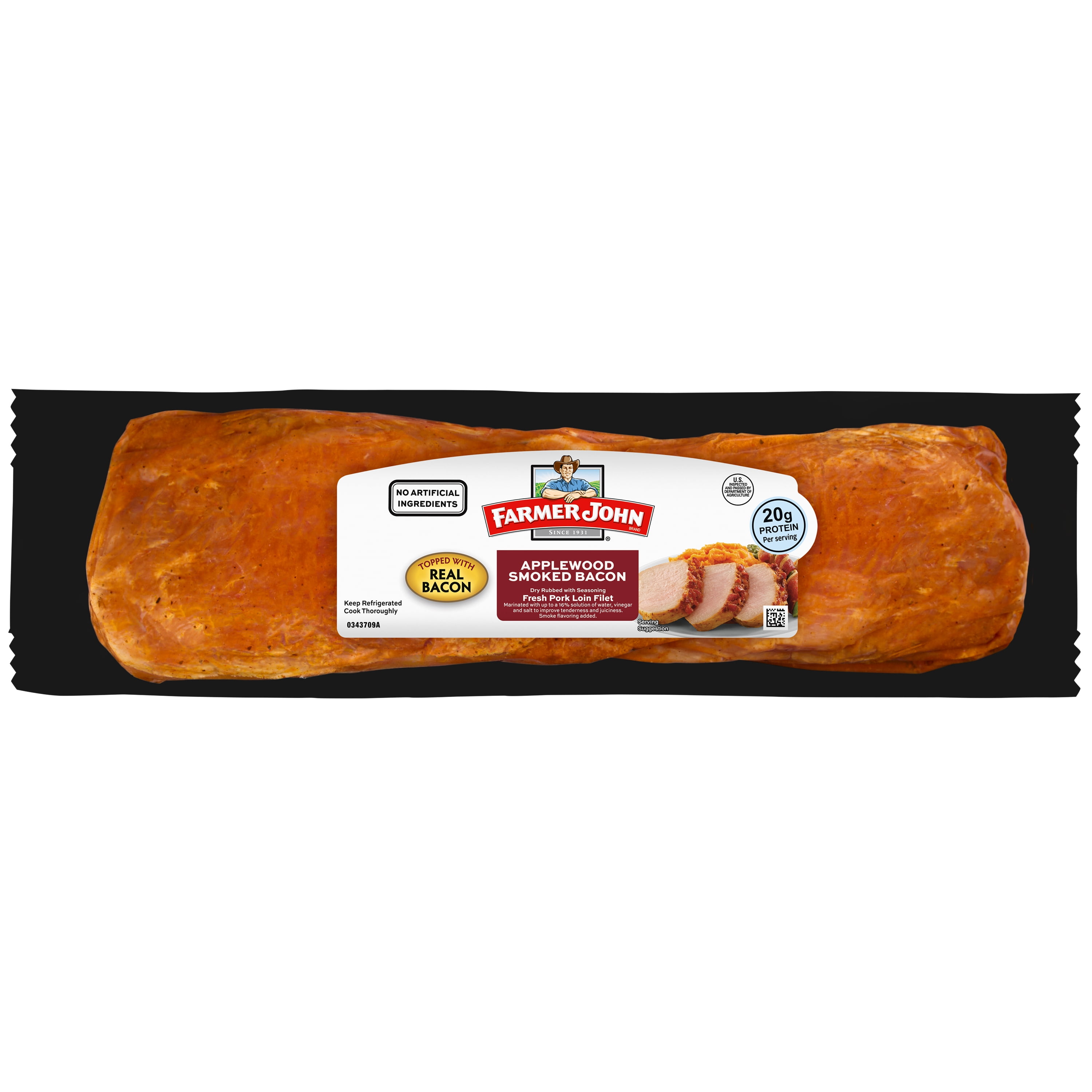 Farmer John Applewood Smoked Bacon Fresh Pork Loin Filet, 1-2.5 lb, 20 grams of Protein per 4 oz. serving