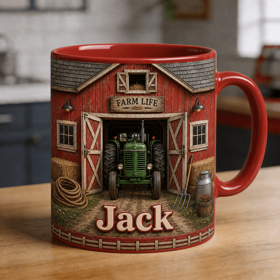 Farmer Ceramic Mugs Farm Barn Façade Tractor Hay Bales Personalized Gift