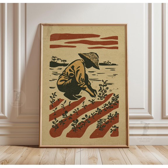 Farmer Planting Poster Field Scene Rustic Folk Garden Wall Art