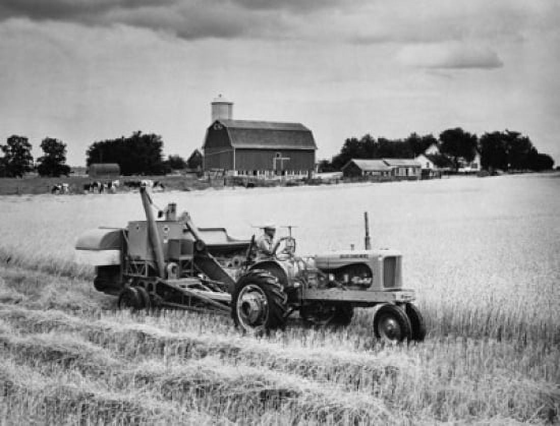 Farmer harvesting wheat crop with a combine in a field Berlin Wisconsin USA Canvas Art - (18 x 24)
