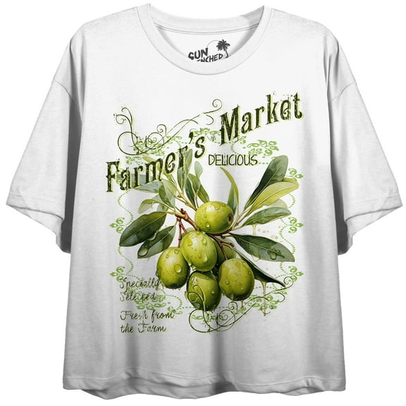 Farmer's Market Olive Bunch Women's White Crew Neck Short Sleeve Crop Top - Medium