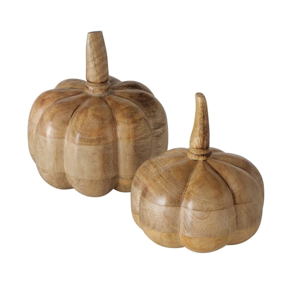 Farmer's Market Pumpkin Figurines, Set of 2, Handcrafted, Solid Wood, Natural Mango Wood, 4 and 6 Inches