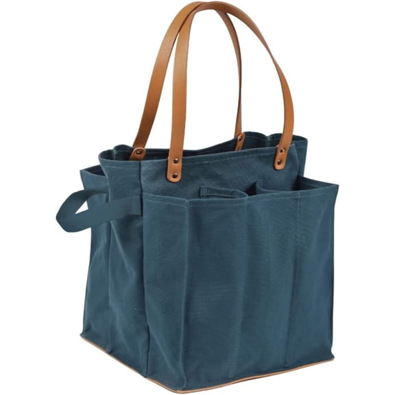 Farmer's Market Tote Shopping Bags with Handles - 7 Pocket Large Utility Tote Bag - Heavy Duty Canvas Utility Bag with Vegan Leather Base -  Tote Bag - Petrol Blue Grocery Bag