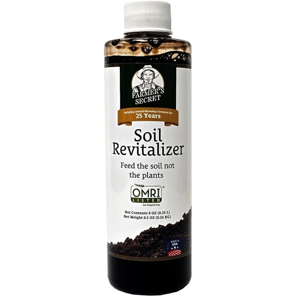 Farmers Secret Soil Revitalizer (8oz) - Organic (OMRI Listed) Dirt Health Booster - Liquid Compost Soil Amendment - Activated Humic Acid - Great for Fall/Spring Application