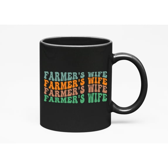 Farmer's Wife, Farming or Farmer Women Themed, Groovy Retro Wavy Text Merch Gift, Black 11oz Ceramic Mug