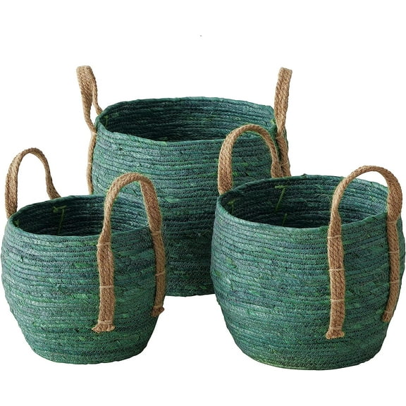 Farmers 3 Piece Basket Set, Green Dye Soaked Floor and Shelf Organizers, Corn Husk Wicker, Durable Chunky Rope Weave, Handles, Stitched, Reinforced, Rustic Home Decor, Round, 13, 11, 9 Inches