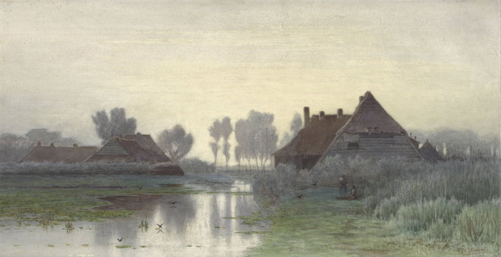 Farmers Homes On The Water In Morning Mist Canvas Art - (36 x 24)