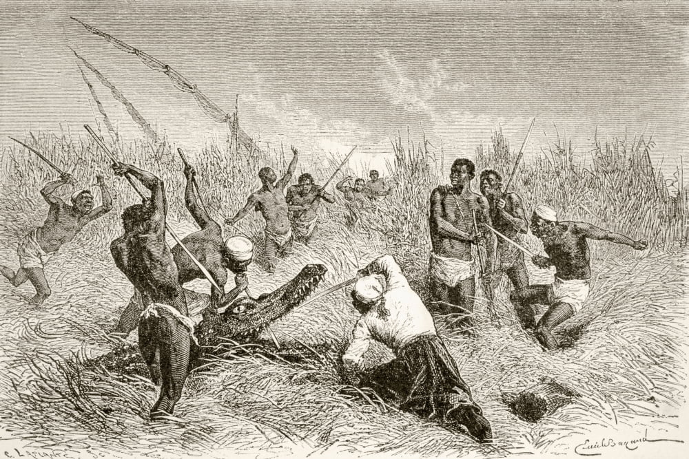 Farmers Kill A Crocodile On The Banks Of The Nile River In The Sudan From Afrika Dets Opdagelse Erobring Og Kolonisation Published In Copenhagen 1901 Canvas Art - Ken Welsh Design Pics (17 x 11)