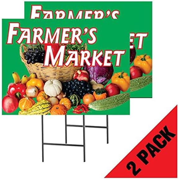 Farmers Market | 2-Pack Double Sided Sign with Metal Ground Stakes | Full Color | 24"w x 18"h$$Garden &
