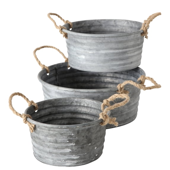 Farmers Market Chubby Tub Planters, Set of 3, Rope Handles, Galvanized Zinc, Rolled Top, Corrugated Sides, Rustic Country Style Containers, 12 1/2, 10 3/4, and 8 3/4 Inches