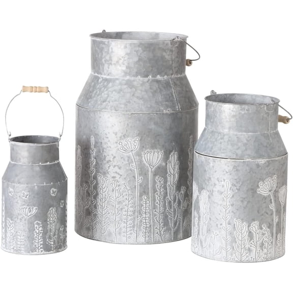 Farmers Market Creamery Milk Can Vases, Set of 3, Embossed Meadow Blooms Patterns, Zinc, Rustic Style Container 19.75 Inches