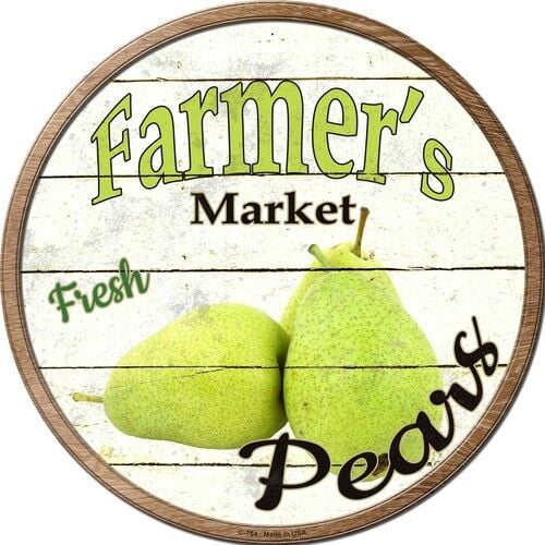 Farmers Market Fresh Pears Round Metal Sign Rustic Retro Kitchen Wall Decor Size: 8 x 8 inch