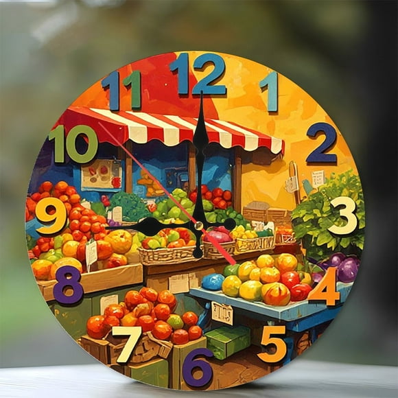 Farmers Market Fruit Clock Wall Art 10-Inch Silent Wooden Wall Clock, Battery Operated (AA Batteries Not Included), Artistic Home Decor