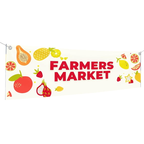 Farmers Market Large Banners and Signs for Outdoor by DreamController-Polyester Banner with 4 Holes for Easy Hang Indoor & Outdoor| 6x2 Feet HD Banner to Promote Food & Beverages | Made in USA