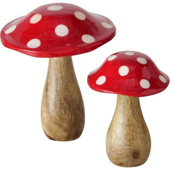 Farmers Market Mushrooms, Set of 2, Decorative Kitchen Figurines, Art, Glossy Bright Red Tops with White Polka Dots, Mango Wood, 7.5 and 6 Inches