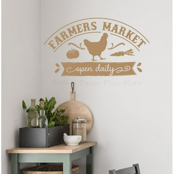 Farmers Market Open Daily Rooster Vegetable Vinyl Wall Art - Farmhouse Decorations Vinyl Wall Decal - Kitchen Wall Stickers - Vintage Vinyl Lettering Decor, 23x12-Inch, Tan