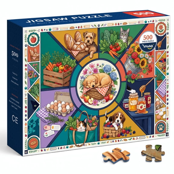 Farmers Market Pets 500 Piece Jigsaw Puzzle for Adults with Sleeping Puppy, Cats, Garden Vegetables, Flowers, Bread, Honey Jars and Colorful Folk Art Panels for Cozy Cottagecore Puzzle Time Together