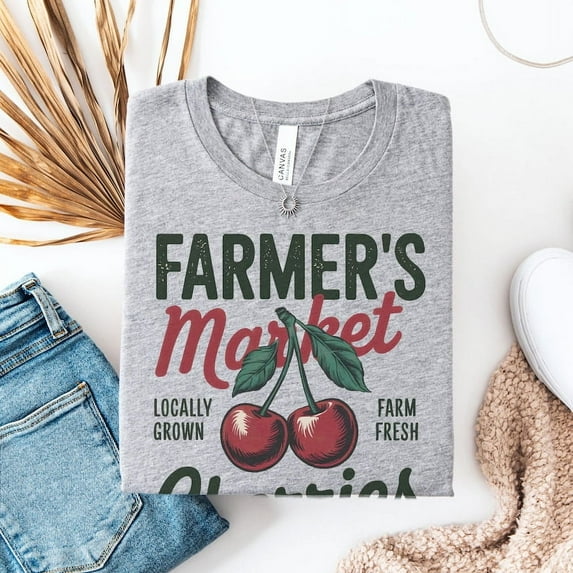 Farmers Market Vintage Cherry Shirt, T-Shirt for Farm Fruits, Red Cherry Tee Retro Fruit Lover Gift, Farm Fresh Spring Country Tee Summer