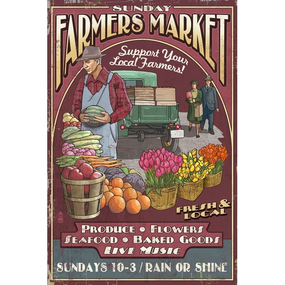 Farmers Market, Vintage Sign (24x36 Giclee Gallery Art Print, Vivid Textured Wall Decor)