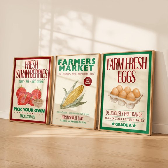 Farmers Market Wall Art Retro Kitchen Rustic Fresh Produce Farmhouse Strawberry Corn Set 3 Unframed Paper Print 8x12