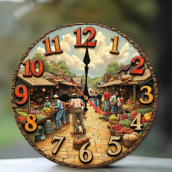 Farmers Market Wall Clock Rustic Style Home Decor 10-Inch Silent Wooden Wall Clock, Battery Operated (AA Batteries Not Included), Artistic Home Decor