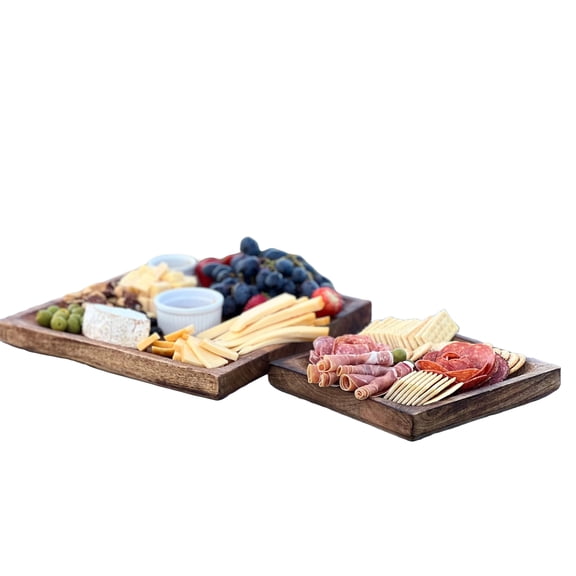 Farmers Market Wood Plates, Set of 2, Food Safe, Mango Wood, Silky Smooth Finish, 13.75 and 9.5 Inches, Pads on Bottom, Square Table Top Serveware