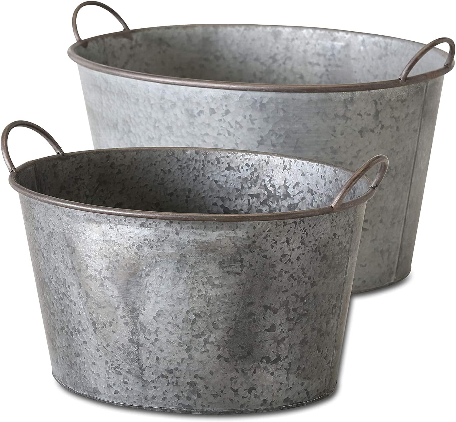 Rustic Gray Galvanized Metal Oval Planter Tubs Set of 2