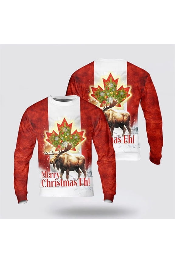 Farmers Sweater, Canada Merry Christmas Eh Canada Moose 3D Christmas Sweater, Christmas Crewneck Sweater, Winter Farm Fashion