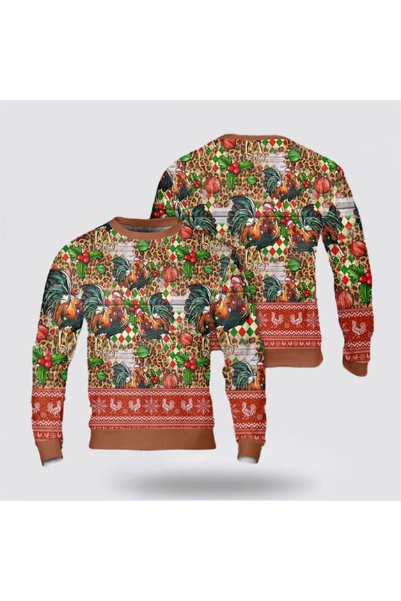 Farmers Sweater, Christmas Leopard Chicken Seamless Pattern 3D Christmas Sweater, Christmas Crewneck Sweater, Winter Farm Fashion