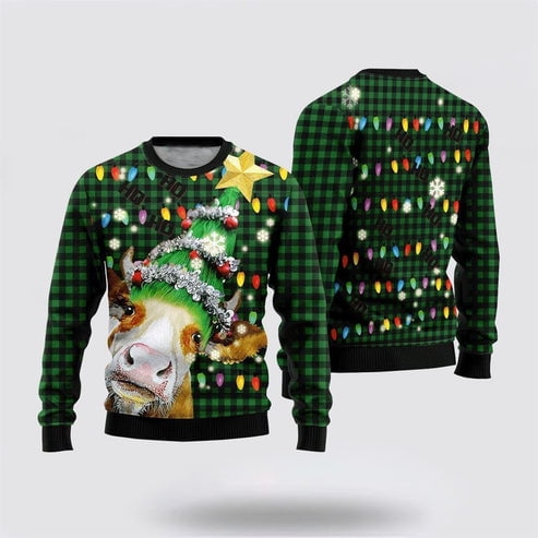 Farmers Sweater, Ho Ho Ho Cow Christmas Tree 3D Christmas Sweater, Christmas Crewneck Sweater, Winter Farm Fashion
