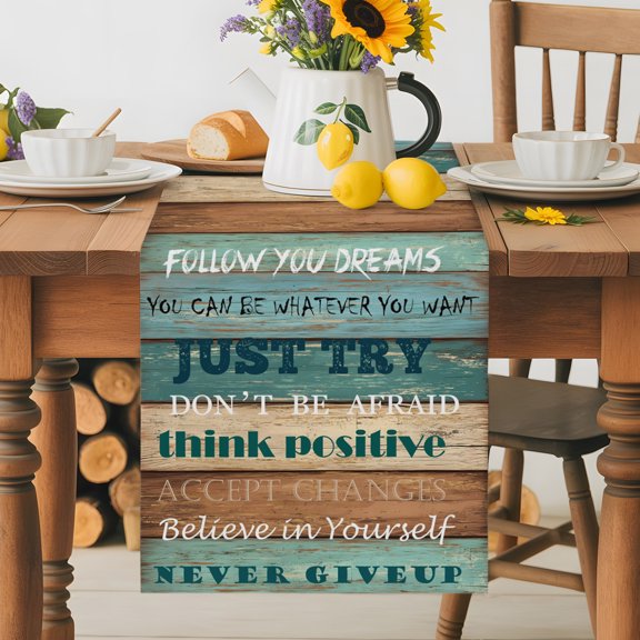 Farmhosue Motivational Quotes Table Runner 36 Inches Long, Farm Wood Plank Table Runners Tabletop Scarf Kitchen Dining Tables Decoration for Home Party Indoor Outdoor
