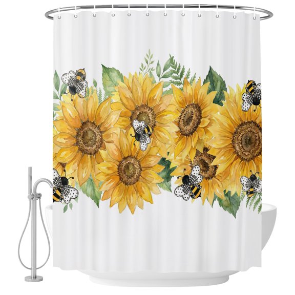 Farmhosue Sunflowers Fabric Shower Curtain Watercolor Yellow Floral Bees White Washable Shower Curtains for Bathroom, Waterproof Bath Curtain with Hooks Home Decor 36x72in