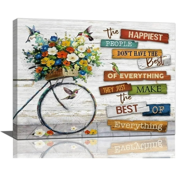 Farmhous Bike Wall Art Floral Hummingbird Pictures Wall Decor Inspirational Quotes Canvas Painting Print Artwork Modern Home Decor Framed for Living room Bedroom Bathroom 16"×12"