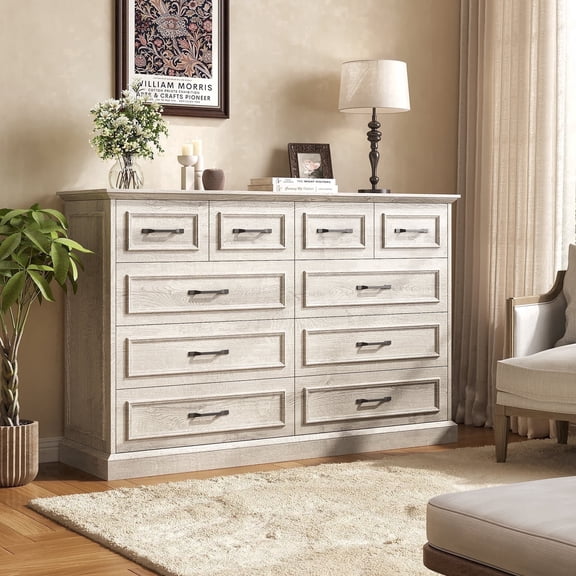 55" Farmhouse 10-Drawer Rustic Dresser with Metal Handles for Bedroom