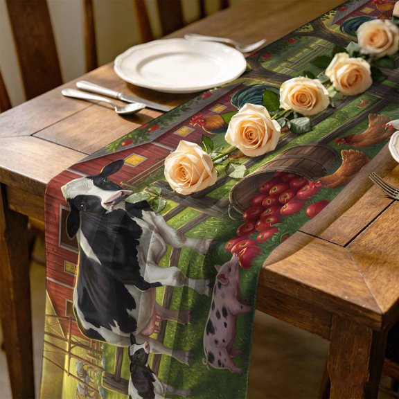 Farmhouse 10 ft Cheesecloth Table Runner for Wedding 27"x120", Rustic Dairy Cow Pig Chicken Country Duck Horse Red Barn Kitchen Dinner Sheer Tulle Chiffon Dresser Scarf, Holiday Party Decorations