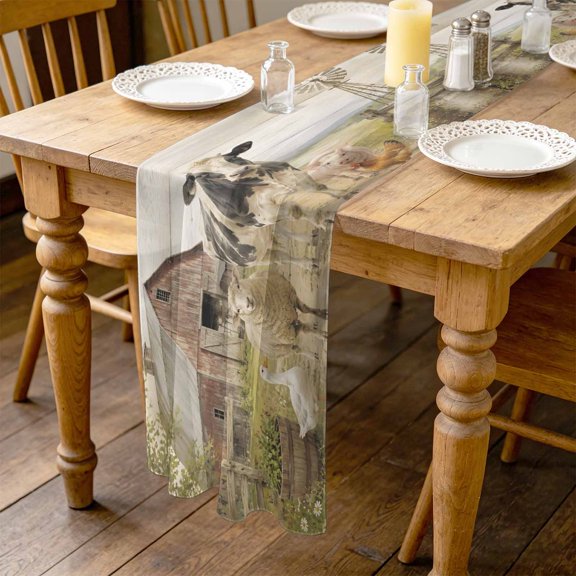 Farmhouse 10ft Cheesecloth Table Runner for Wedding 27"x120", Sheep Goose Cow Pig Barn Rustic Countryside Kitchen Dinner Sheer Tulle Chiffon Dresser Scarf, Holiday Party Decorations