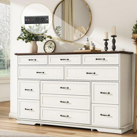 Farmhouse 12 Drawers Dresser for Bedroom, 63'' Wide Wood Chest of Drawers with Power Outlets, Deep Drawer Dresser Storage Organizer for Living Room Hallway