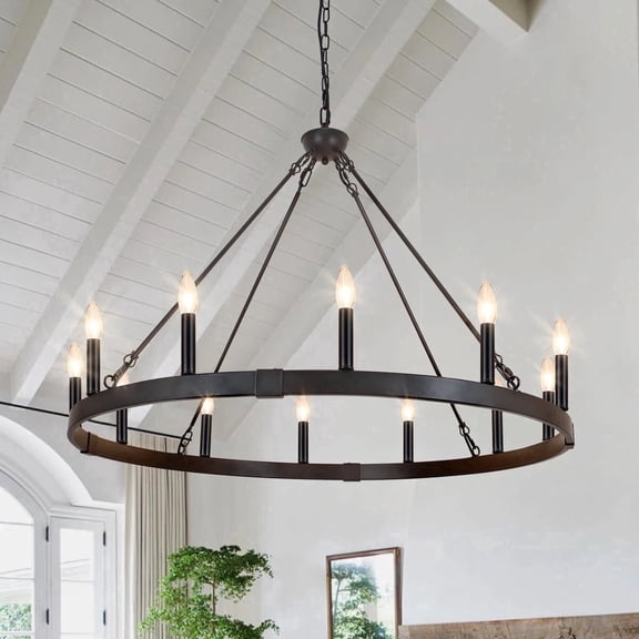 12-Light Farmhouse Wagon Wheel Chandelier, Dimmable Fixture for Dining Room, Foyer & Entryway