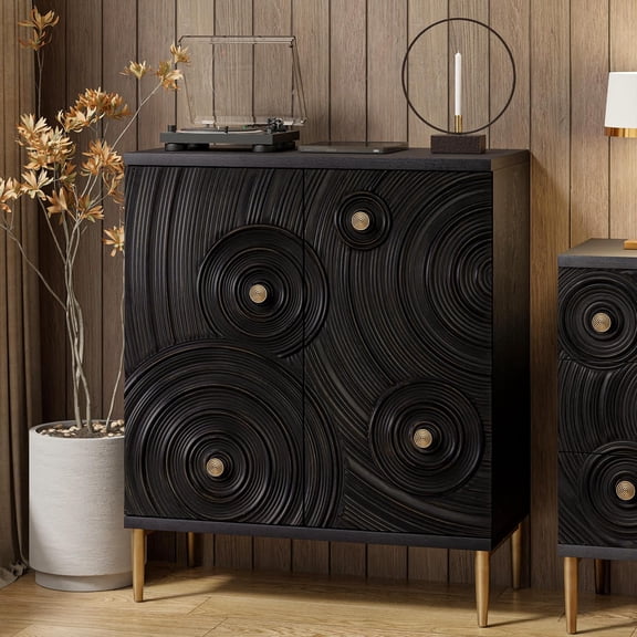 Farmhouse 2 Door Embossed Storage Cabinet with Ring Motif, Distressed Boho Storage Cabinet for Bedroom, Living Room, French Country, Black & Gold