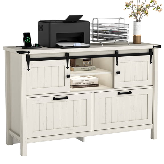 FIAKOA Farmhouse 2-Drawer Lateral File Cabinet,Filing Cabinet with Sliding Doors & Charge Station, Printer Stand Cabinets for Home Office,White