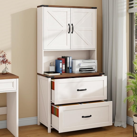 Farmhouse 2 Drawer Lateral File Cabinet, Hanging File Storage for Legal/Letter/A4 Size, Adjustable Shelves, Printer Stand with Bookshelf, Rustic White Wood Cabinet for Home Office