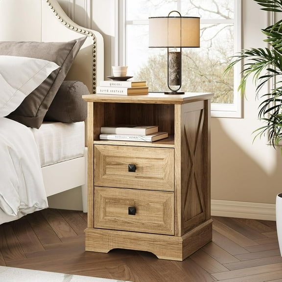 Farmhouse 2 Drawers Dresser for Bedroom, Rustic Small Chest of Drawers with Charging Station, Wood End Table with Open Shelf, Modern Nightstand for Bedroom, Living Room, Entryway, Natural Oak