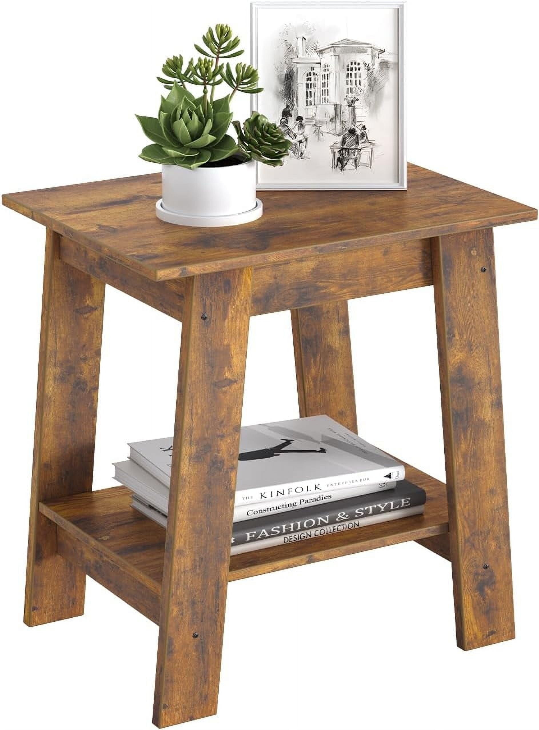 Farmhouse 2-Layer Storage Shelves and Wooden End Table, Brown, 1 Piece